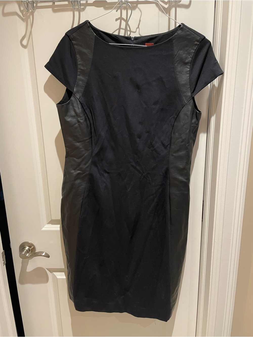 Black Faux-Leather Panel Cap-Sleeve Midi Dress